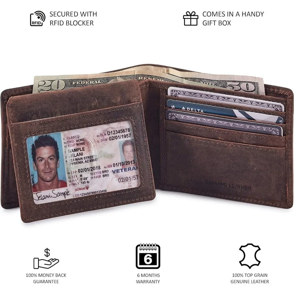 Wallet for Men's RFID Blocking Real Leather Bifold Stylish 2 ID Window